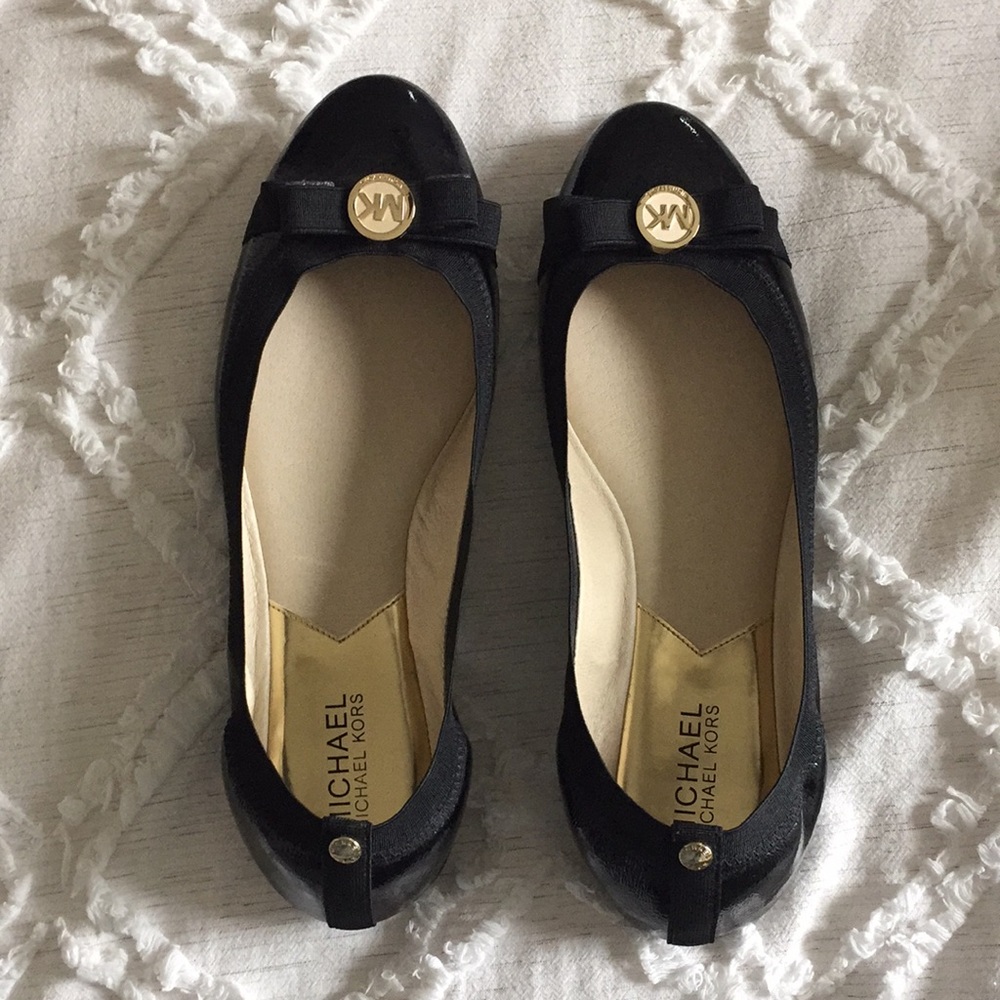 Michael Kors Black Bow Flats with Gold Accent